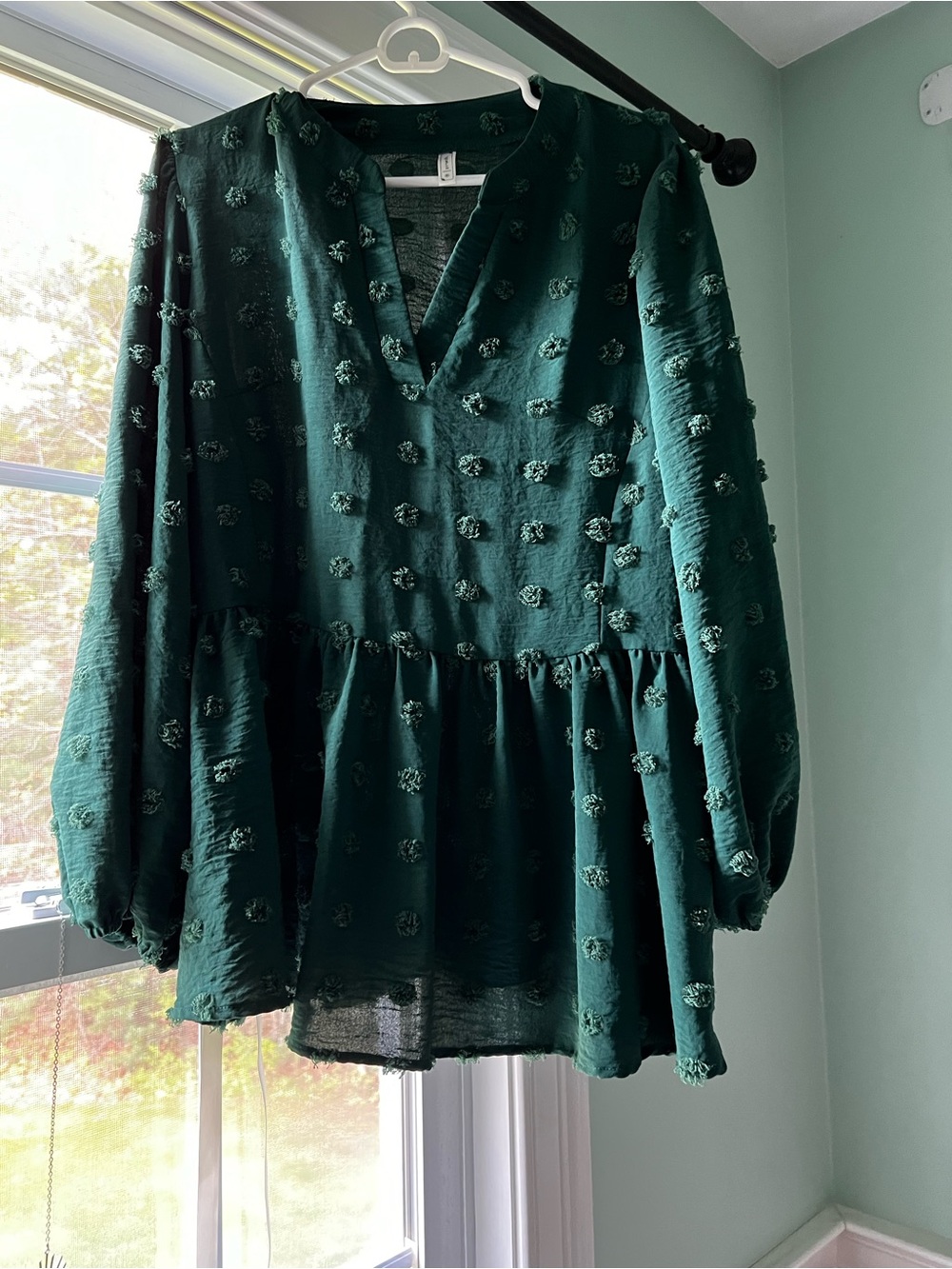 Fashion Collection Emerald Green Swiss Dot V-Neck Babydoll Blouse XL